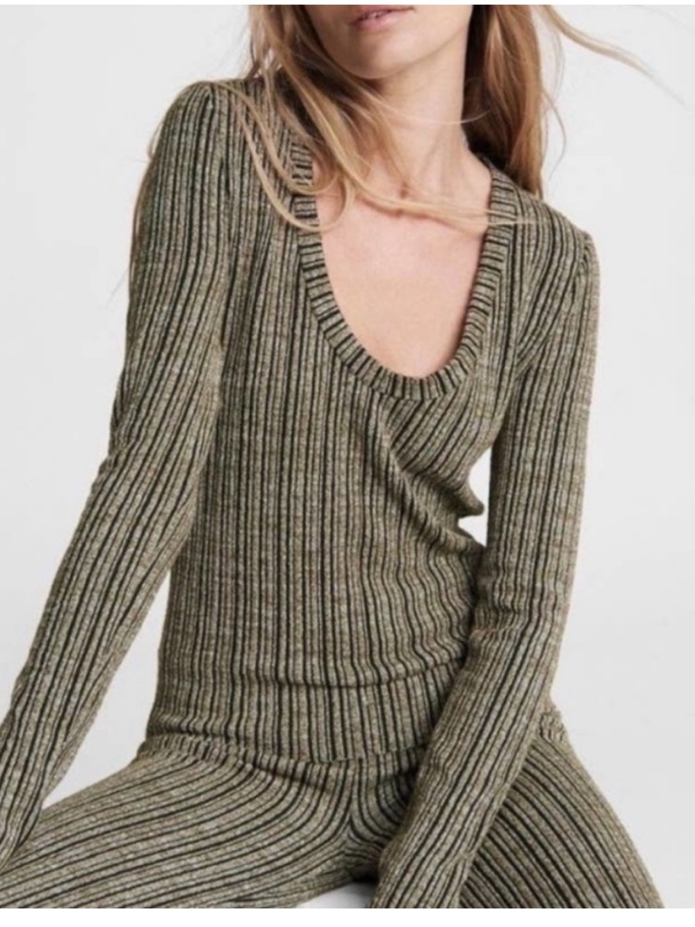 Rag and Bone Ribbed Scoop Neck Knit Top in Olive